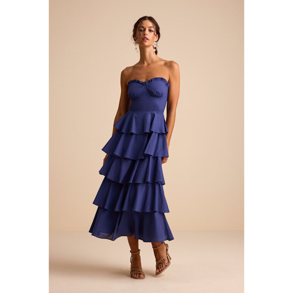 NWT Blue Strapless Tiered Midi Dress